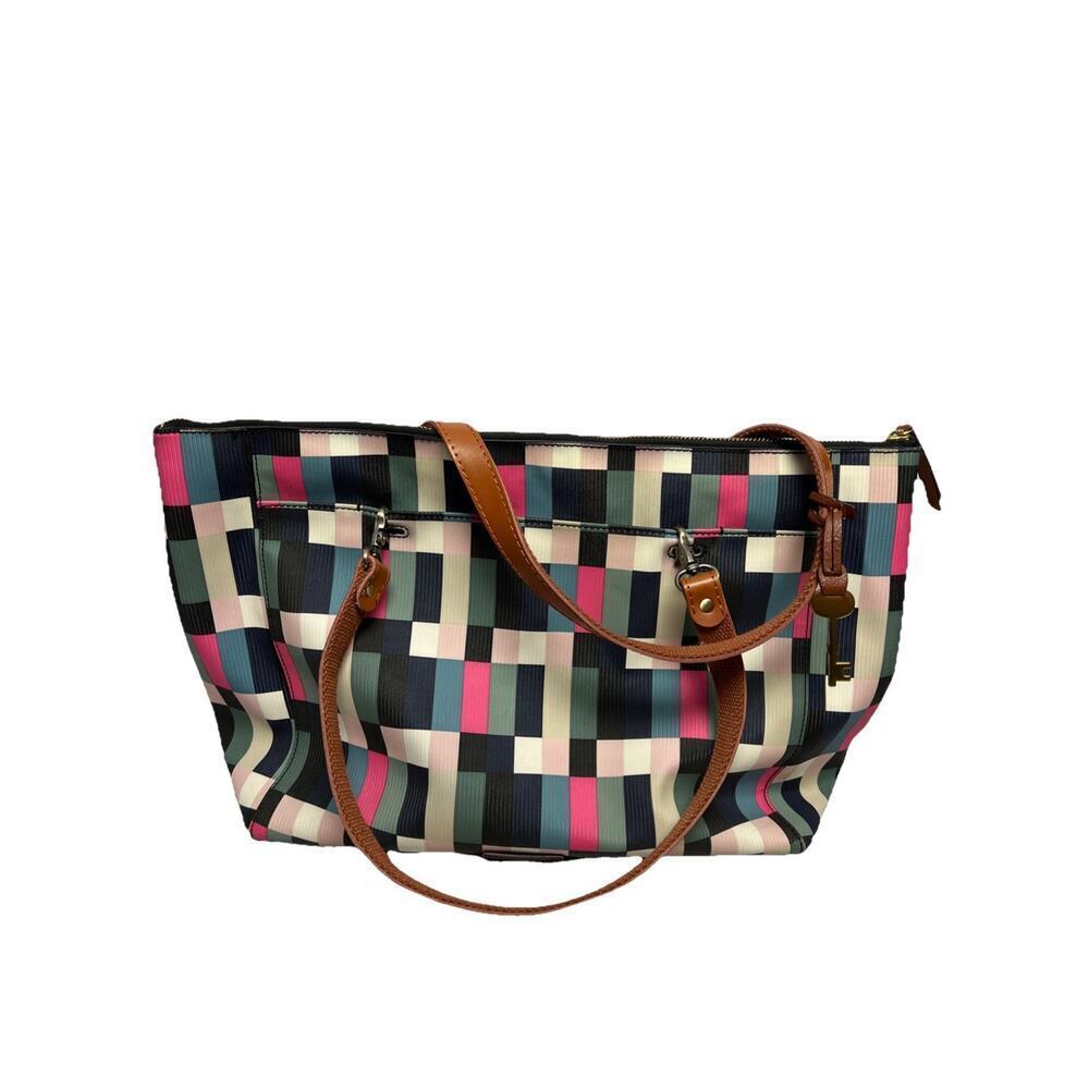 Fossil Rachel Large Tote Pixel Grid Multi Blue Green Pink White Black Rectangles